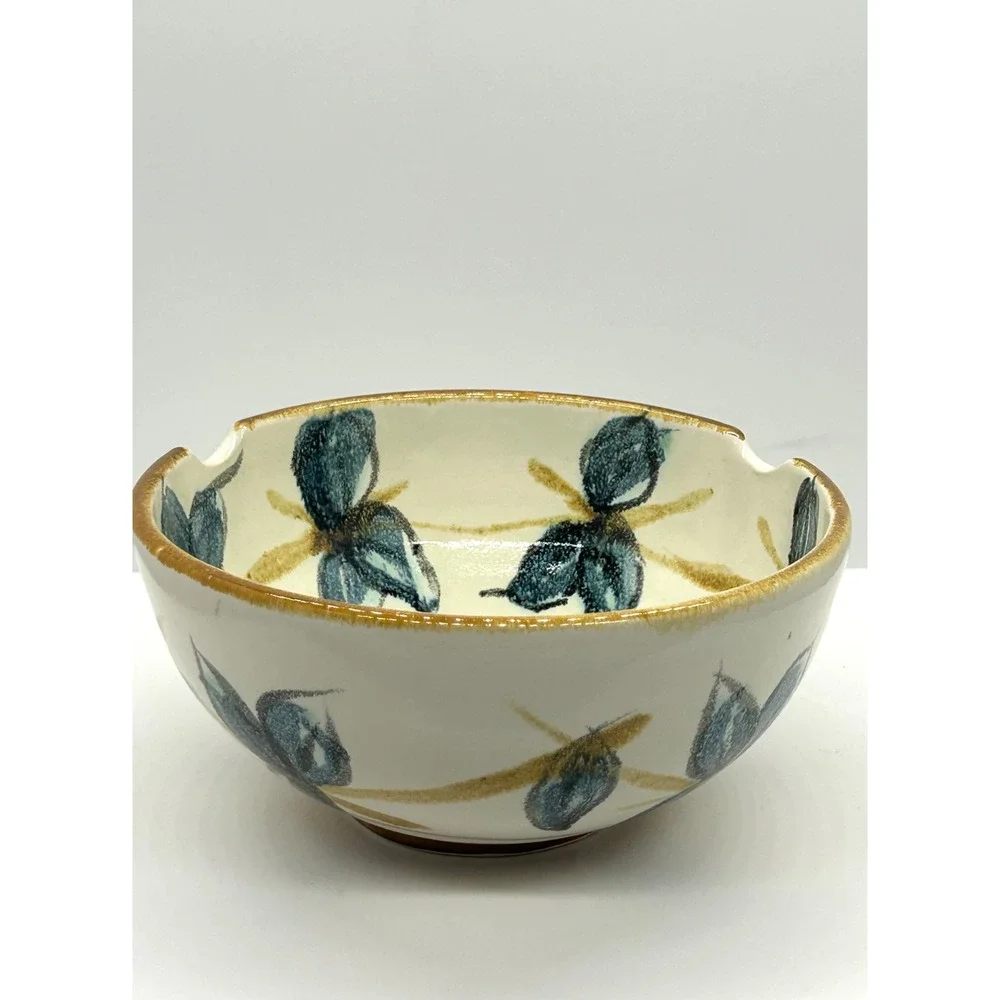 Longhorn Pottery Studio Ceramic Bowl Hand Painted Blue Floral Notched Rim Signed